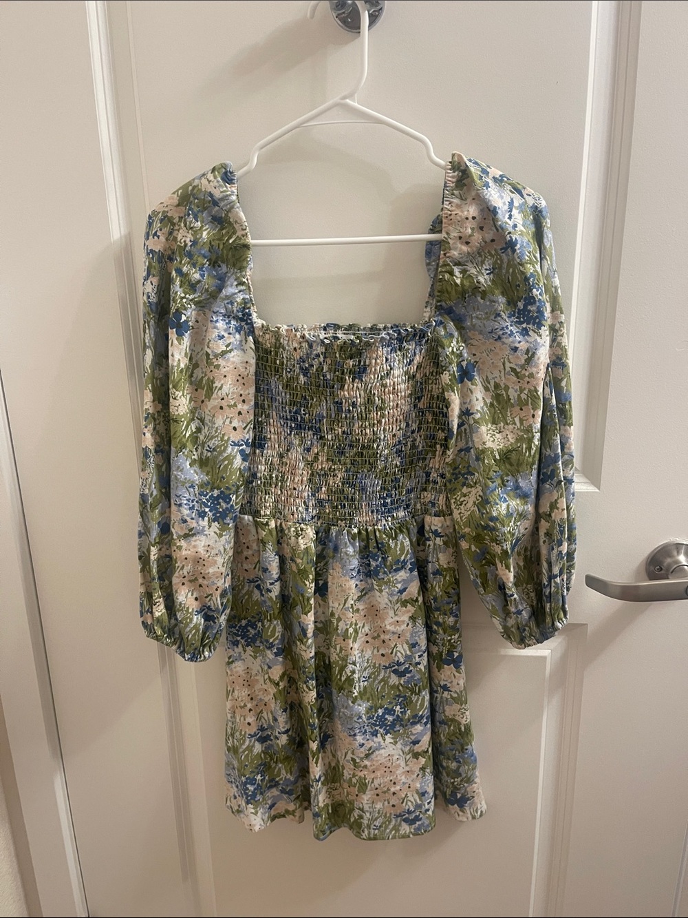 Reformation Floral Smocked Square-Neck Mini Dress in Blue & Olive